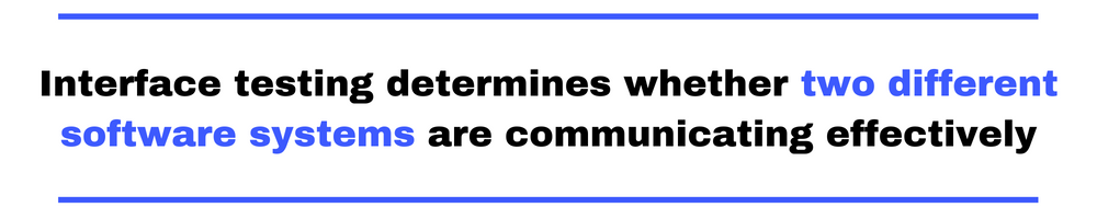 Interface testing determines whether two different software systems are communicating effectively.