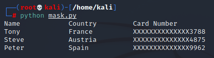 Name, country, card numbers that show only last digits 