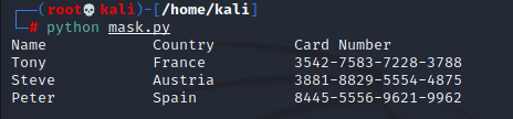 Name, country and card numbers