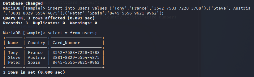 Visible data of name, country and card numbers